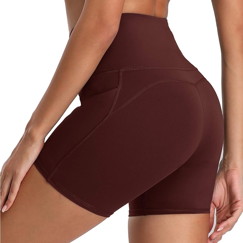 Oalka Women's Shorts Side Pockets High Waist Workout spandex Shorts Brown Large - Picture 2 of 11